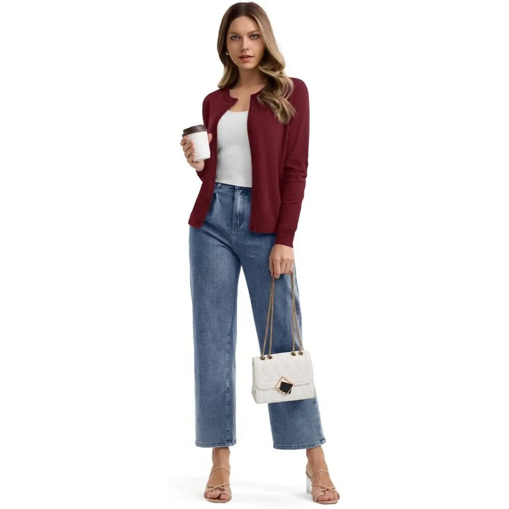 Women's Lightweight Knit Cardigan Button Down Crew Neck Long Sleeve Casual